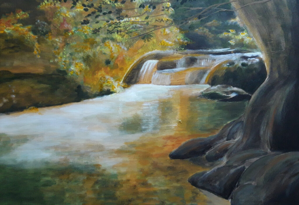 Acrylbild eines Wasserlaufes und grün-gelber Natur