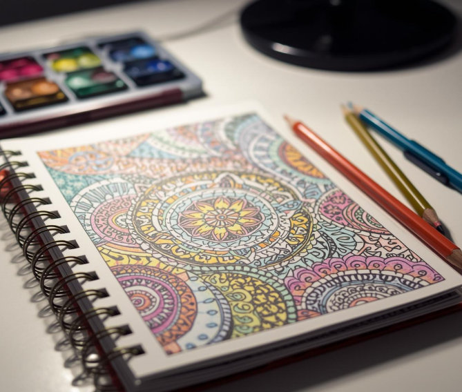 Buntes Buch mit Mandalas, Buntstifte und Wasserfarben